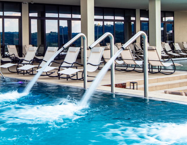 Water features at a pool.